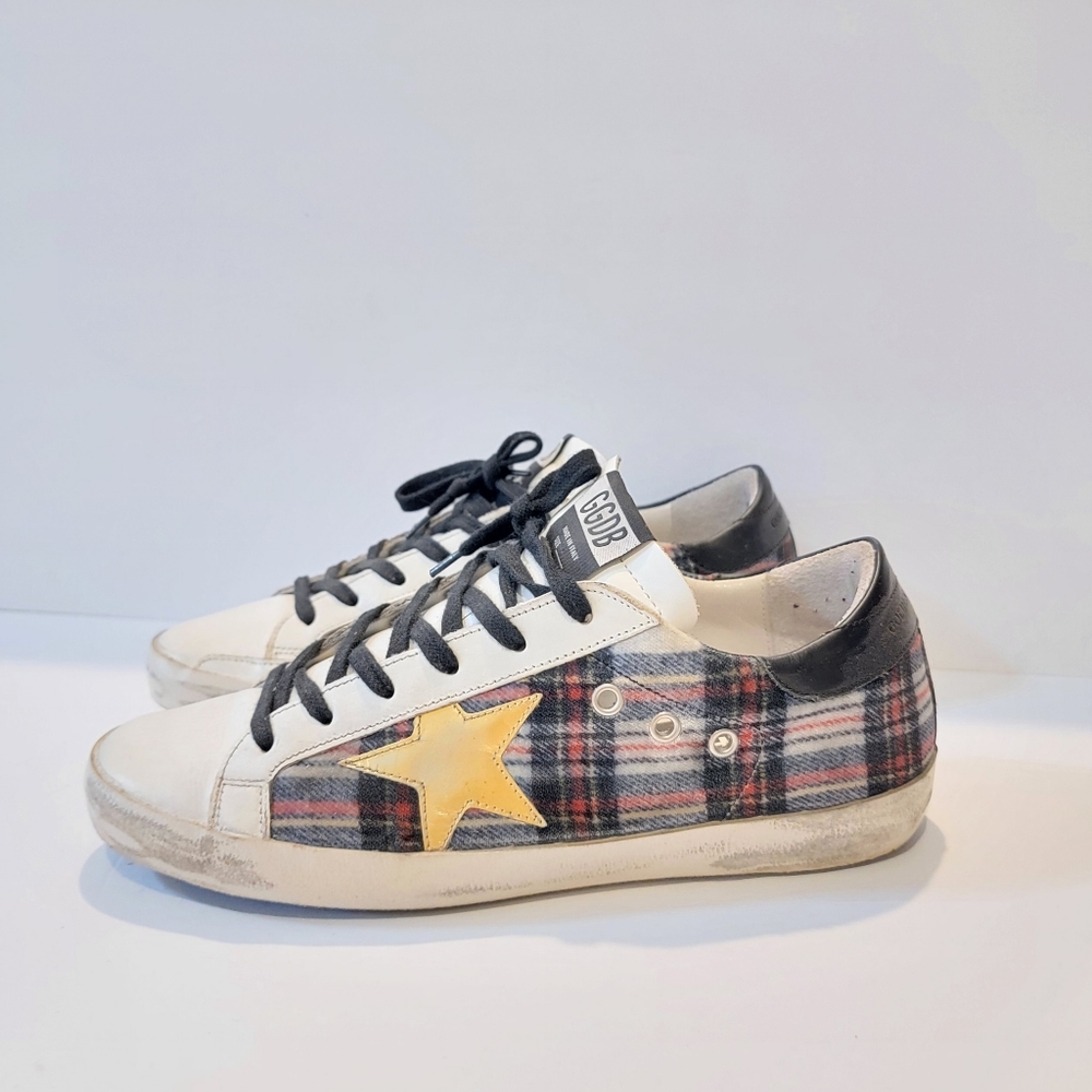 Golden Goose GGDB womens size 40 Superstars sneakers gold star tartan plaid